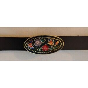 Vtg 80’s Cloisonné Enamel Butterfly Buckle & Black Stretch Belt Fashion